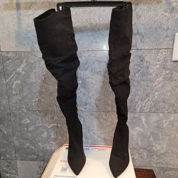 Jessica Simpson Black Suede Thigh High Boots with 4" Stiletto Heel, Size 8.5M/39 - Picture 3 of 12